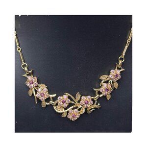 Vtg Signed Coro Pink Purple Floral Rhinestone Forget Me Not Necklace Gold Leaf